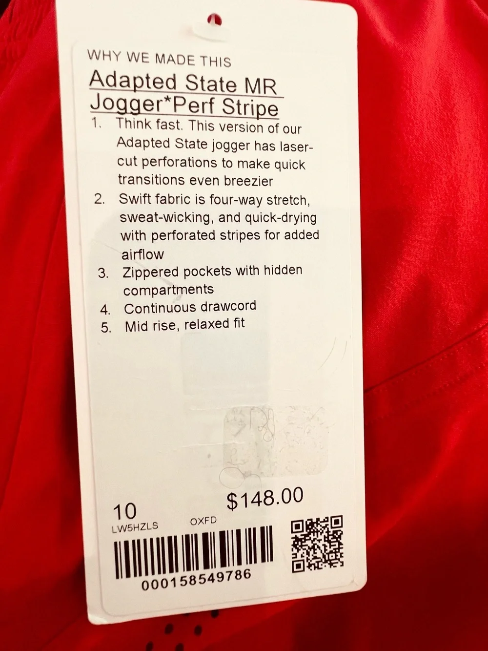 NWT Lululemon Adapted State MR Jogger Perf Stripe Oxford Red Size 10